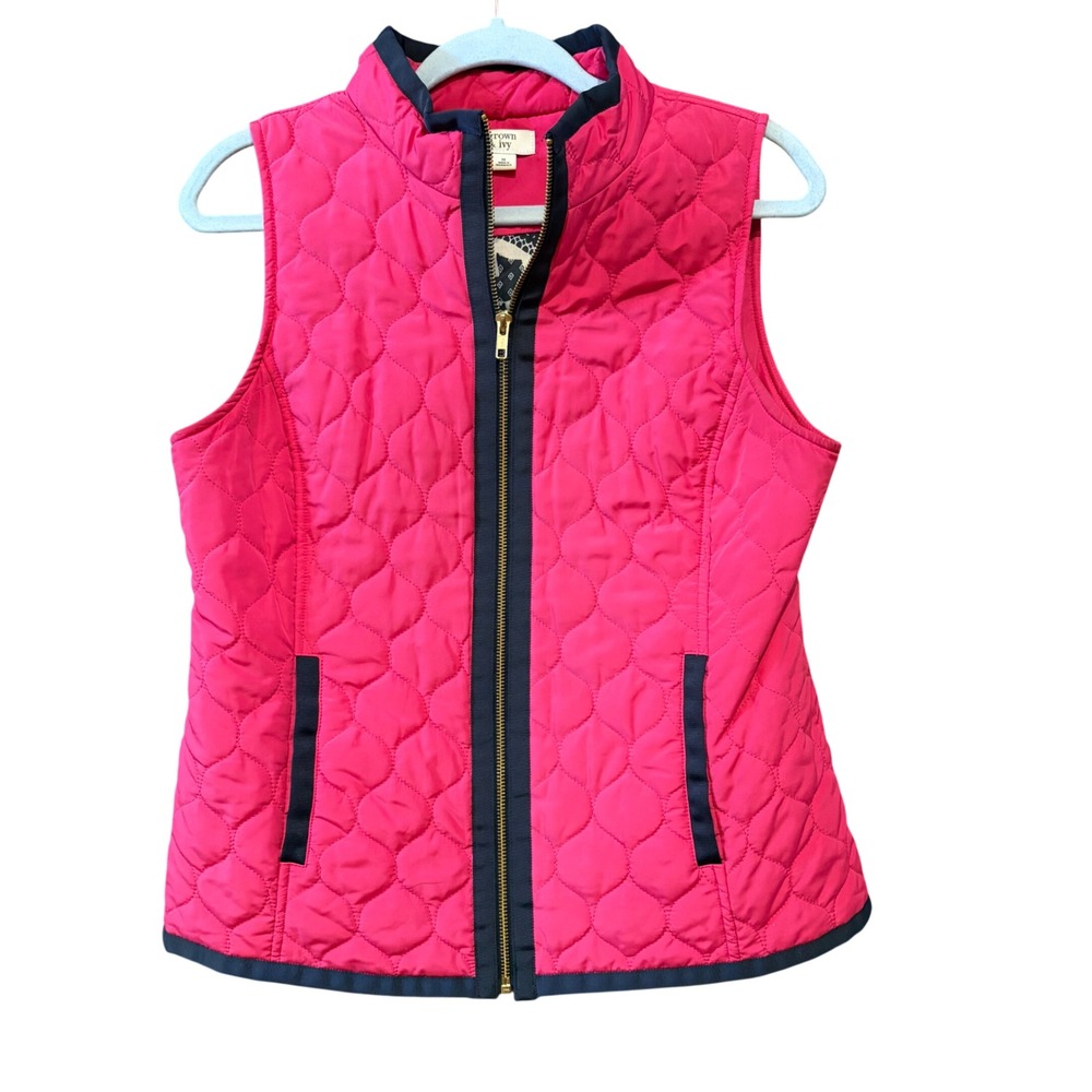 Crown & Ivy Womens Pink‎ Quilted Full Zip Vest Navy Trim Size M